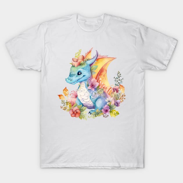 Cute Spring Flower Dragon Watercolor T-Shirt by Fledermaus Studio